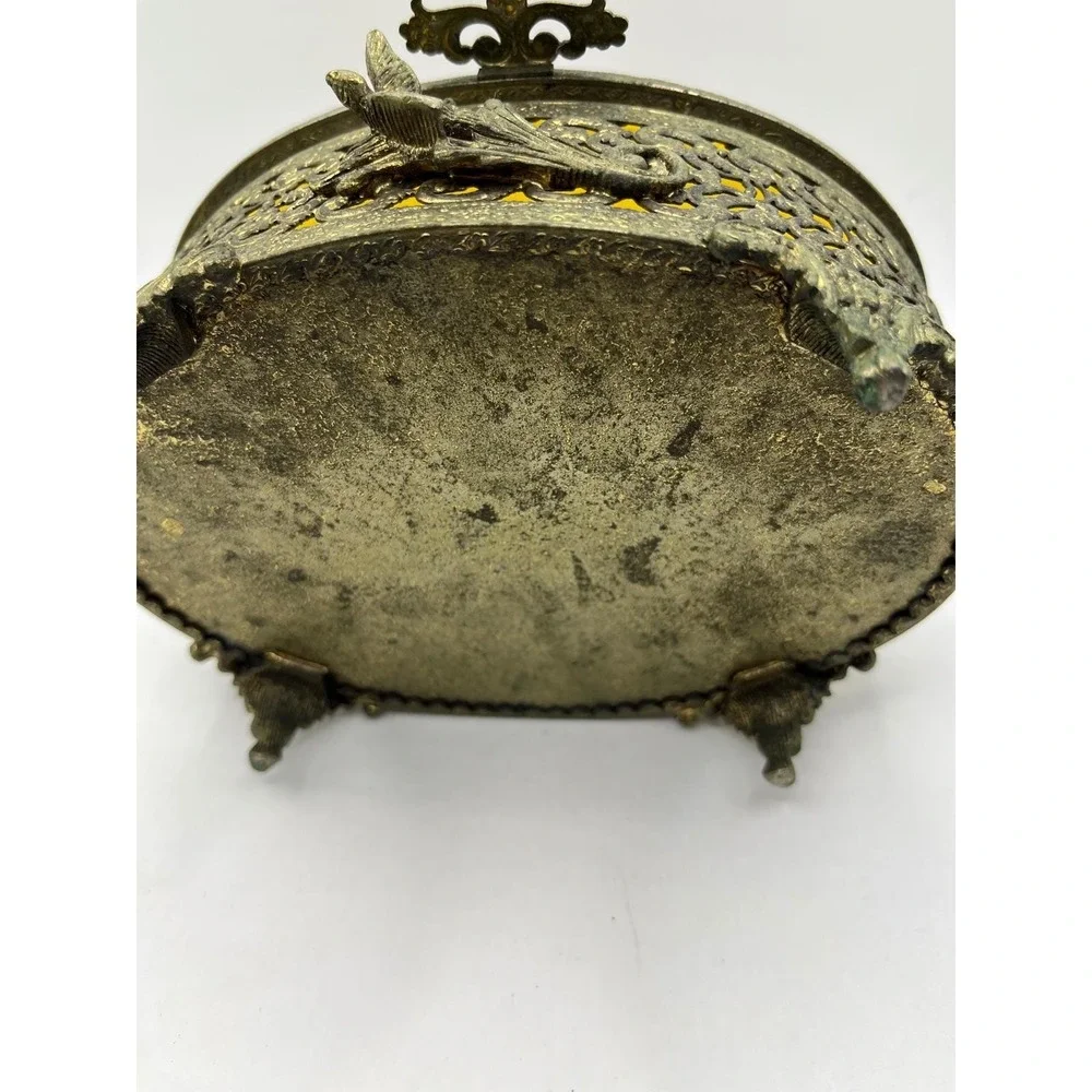 Vintage Ornate Filigree Jewelry Box Amber‎ Glass Oval Footed Trinket Casket